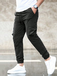 Manfinity Homme Men Flap Pocket Side Drawstring Waist Cargo Loose Pants Long Slacks Plain Light Grey Going Out - MapleCo