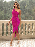 Joyfunear One Shoulder Fringe Trim Asymmetrical Hem Sequin Bodycon Dress Gala Dress