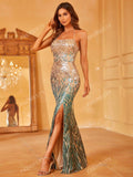 Split Thigh Sequin Halter Neck Backless Party Dress Elegant Formal Evening Prom Wedding Guest Gown, For Graduation, Dinner