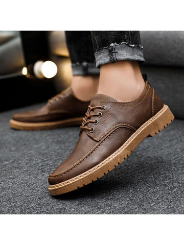 New Arrival Men's Pu Leather Shoes, Korean Style, Versatile, Lace-up, Casual, British Style Pu Leather Shoes For Teenage Boys (stitching Color: Brown For Brown Shoes; Black For Black Shoes) - MapleCo