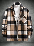 Manfinity Homme Loose Fit Men's Plaid Printed Jacket With Flap Pockets And Drop Shoulders, Going Out Colorful Long Sleeve Casual Khaki Checkered Lightweight Jacket, For Friends, Husband, Boyfriend Gifts