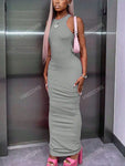 Women Solid Knit Sleeveless Casual Streetwear Bodycon Grey Tank Dress For Summer