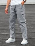 Manfinity Homme Men Letter Patched Detail Flap Pocket Side Drawstring Waist Cargo Pants Straight Leg Long Slacks Light Grey Going Out