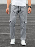 Manfinity Homme Men Letter Patched Detail Flap Pocket Side Drawstring Waist Cargo Pants Straight Leg Long Slacks Light Grey Going Out