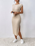 SHEIN Frenchy Summer Leisure Side Split Slim Bodycon Dress, Fit Knitted Ribbed Casual Summer Dress,Cap Sleeve Teacher Dress