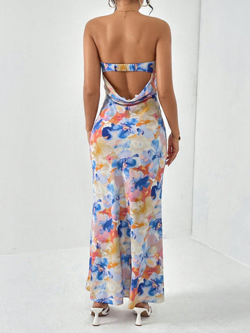 Firerie Spring Break Floral Print Draped Backless Tube Long Summer Dress