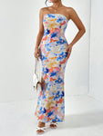 Firerie Spring Break Floral Print Draped Backless Tube Long Summer Dress