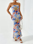 Firerie Spring Break Floral Print Draped Backless Tube Long Summer Dress