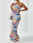 Firerie Spring Break Floral Print Draped Backless Tube Long Summer Dress