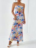 Firerie Spring Break Floral Print Draped Backless Tube Long Summer Dress