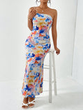 Firerie Spring Break Floral Print Draped Backless Tube Long Summer Dress