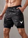 Manfinity Running Men Geo Print Drawstring Waist 2 In 1 Sports Stretchy Shorts Gym Shorts Jogger Shorts