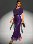 SHEIN Belle Puff Sleeve Sequin Mermaid Hem Dress Elegant Formal Evening Prom Wedding Guest Gown, For Graduation, Dinner