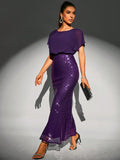 SHEIN Belle Puff Sleeve Sequin Mermaid Hem Dress Elegant Formal Evening Prom Wedding Guest Gown, For Graduation, Dinner