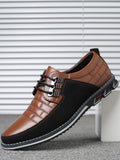 Men's Casual Dress Shoes, Fashion Embroidery PU Leather Shoes, Plaid Lace-up Color Block Business Shoes - MapleCo