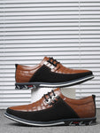 Men's Casual Dress Shoes, Fashion Embroidery PU Leather Shoes, Plaid Lace-up Color Block Business Shoes - MapleCo