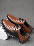 Men's Casual Dress Shoes, Fashion Embroidery PU Leather Shoes, Plaid Lace-up Color Block Business Shoes - MapleCo