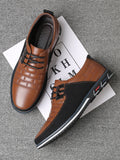 Men's Casual Dress Shoes, Fashion Embroidery PU Leather Shoes, Plaid Lace-up Color Block Business Shoes - MapleCo