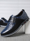 Men's Casual Dress Shoes, Fashion Embroidery PU Leather Shoes, Plaid Lace-up Color Block Business Shoes - MapleCo