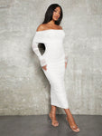 SHEIN SXY Spring And Summer Elegant White Long-Sleeved Off-Shoulder Pleated Mesh Bodycon Dress