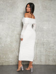 SHEIN SXY Spring And Summer Elegant White Long-Sleeved Off-Shoulder Pleated Mesh Bodycon Dress