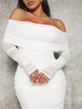 SHEIN SXY Spring And Summer Elegant White Long-Sleeved Off-Shoulder Pleated Mesh Bodycon Dress