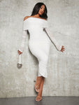 SHEIN SXY Spring And Summer Elegant White Long-Sleeved Off-Shoulder Pleated Mesh Bodycon Dress