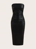 SHEIN ICON Thigh-Slit PU Leather Bandeau Bodycon Long Dress