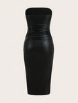 SHEIN ICON Thigh-Slit PU Leather Bandeau Bodycon Long Dress