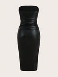 SHEIN ICON Thigh-Slit PU Leather Bandeau Bodycon Long Dress