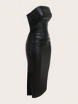 SHEIN ICON Thigh-Slit PU Leather Bandeau Bodycon Long Dress