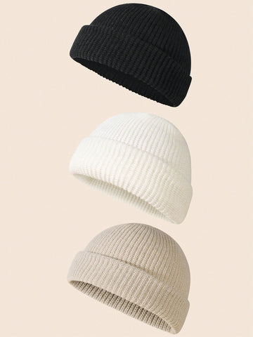 3pcs/Pack Solid Color Simple Knitted Beanie Hat For Men, Suitable For Daily Wear Casual