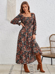 SHEIN VCAY Floral Print Square Neck Flounce Sleeve Ruffle Hem Dress