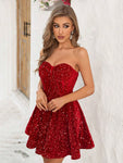 Sequin Tube Dress,Ladies Contrast Sequin Sleeveless Strapless Regular Fit Short Red Sequins Plain A Line Women Short Dresses,Spring/Summer,Party/Nightclub Outfits