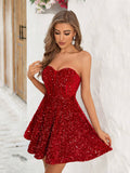 Sequin Tube Dress,Ladies Contrast Sequin Sleeveless Strapless Regular Fit Short Red Sequins Plain A Line Women Short Dresses,Spring/Summer,Party/Nightclub Outfits