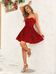 Sequin Tube Dress,Ladies Contrast Sequin Sleeveless Strapless Regular Fit Short Red Sequins Plain A Line Women Short Dresses,Spring/Summer,Party/Nightclub Outfits