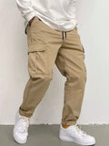 Manfinity Hypemode Loose Fit Men's Cargo Pants With Flap Pocket Side Pockets Long Plain Khaki Going Out