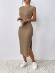 SHEIN Frenchy Summer Leisure Side Split Slim Bodycon Dress, Fit Knitted Ribbed Casual Summer Dress,Cap Sleeve Teacher Dress