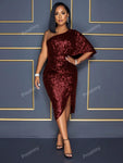 Sexy One Shoulder Sparkly Evening Party Gown Burgundy Lady Bling Robe De Soiree Prom Sequins Homecoming Dresses