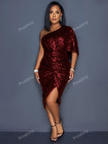 Sexy One Shoulder Sparkly Evening Party Gown Burgundy Lady Bling Robe De Soiree Prom Sequins Homecoming Dresses