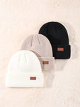 1/3 Packs Unisex Leather Patch Winter Skull Cap Beanies Knitted Cuff Hats Caps Roll-Up Edge Beanie Hats For Men Outdoors