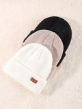 1/3 Packs Unisex Leather Patch Winter Skull Cap Beanies Knitted Cuff Hats Caps Roll-Up Edge Beanie Hats For Men Outdoors