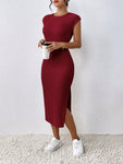 SHEIN Frenchy Summer Leisure Side Split Slim Bodycon Dress, Fit Knitted Ribbed Casual Summer Dress,Cap Sleeve Teacher Dress