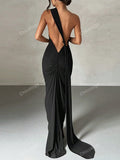 Draped Detail Backless One Shoulder Slit Thigh Dress