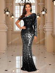 UNITHORSE One Shoulder Sequin Prom Dress Elegant Long Sleeve Formal Evening Wedding Guest Gown, For Graduation, Dinner