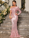 UNITHORSE One Shoulder Sequin Prom Dress Elegant Long Sleeve Formal Evening Wedding Guest Gown, For Graduation, Dinner