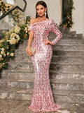 UNITHORSE One Shoulder Sequin Prom Dress Elegant Long Sleeve Formal Evening Wedding Guest Gown, For Graduation, Dinner