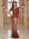 UNITHORSE One Shoulder Sequin Prom Dress Elegant Long Sleeve Formal Evening Wedding Guest Gown, For Graduation, Dinner