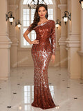 UNITHORSE One Shoulder Sequin Prom Dress Elegant Long Sleeve Formal Evening Wedding Guest Gown, For Graduation, Dinner