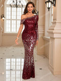 UNITHORSE One Shoulder Sequin Prom Dress Elegant Long Sleeve Formal Evening Wedding Guest Gown, For Graduation, Dinner